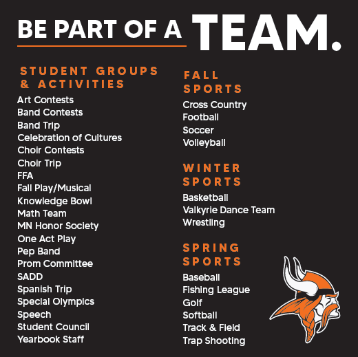 Be Part of a Team. Lists Student groups, activities and sports